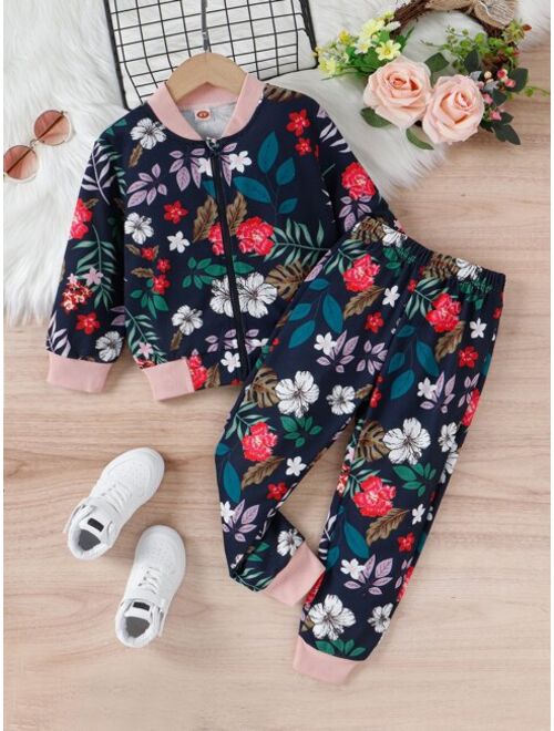 Shein Toddler Girls Floral Print Bomber Jacket & Sweatpants