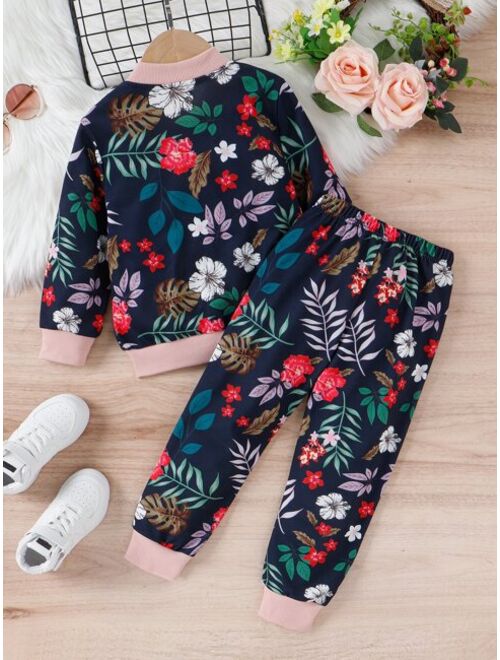 Shein Toddler Girls Floral Print Bomber Jacket & Sweatpants