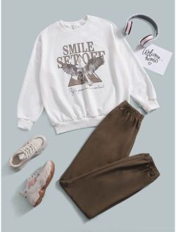 Teen Girls Letter & Eagle Graphic Pullover & Sweatpants Set