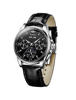 Olevs OUPINKE Watch for Men Automatic Luxury Dress Mechanical Leather Strap Sapphire Crystal Multi Calendar Waterproof Moon Phase Wrist Watch