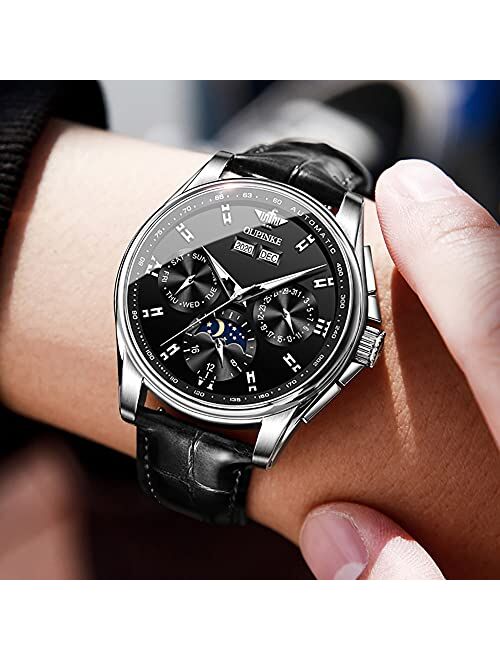 Rubie's Olevs OUPINKE Watch for Men Automatic Luxury Dress Mechanical Leather Strap Sapphire Crystal Multi Calendar Waterproof Moon Phase Wrist Watch