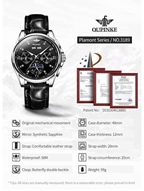 Rubie's Olevs OUPINKE Watch for Men Automatic Luxury Dress Mechanical Leather Strap Sapphire Crystal Multi Calendar Waterproof Moon Phase Wrist Watch