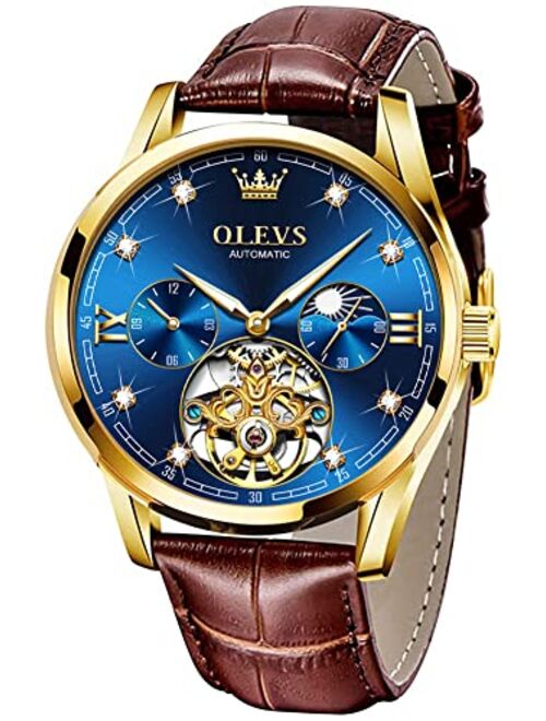 OLEVS Mens Leather Watches Automatic Mechanical Skeleton Tourbillon Diamond Luxury Self Winding Dress Wrist Watches Moon Phase Waterproof Luminous