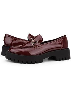 ISOMEI Women's Chunky Heel Loafers Platform Patent Leather Chunky Loafers Oxfords Shoes with Metal