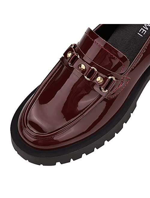 ISOMEI Women's Chunky Heel Loafers Platform Patent Leather Chunky Loafers Oxfords Shoes with Metal