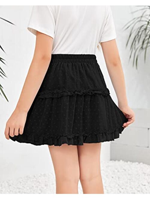 Rolmama Girls Summer Cute Skirts Elastic Waist Casual Swiss Dot A Line Skater Layered Ruffle Mini Skirt