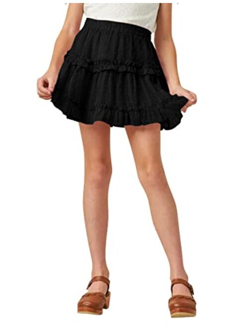 Rolmama Girls Summer Cute Skirts Elastic Waist Casual Swiss Dot A Line Skater Layered Ruffle Mini Skirt