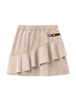 PLNOTME Girls' Skirts Ruffle Tiered High Waisted Faux Suede Plain Buckle Decorated Mini Skirt