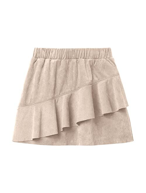 PLNOTME Girls' Skirts Ruffle Tiered High Waisted Faux Suede Plain Buckle Decorated Mini Skirt