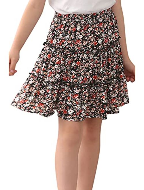 GORLYA Girls Ruffle Floral Boho Flowy Cute Tiered Short Mini Skater Skirts 4-14T