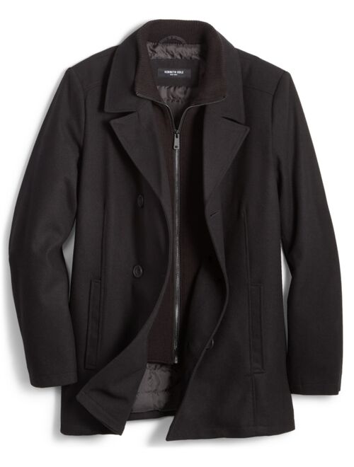 KENNETH COLE Men's Double Breasted Wool Blend Peacoat with Bib