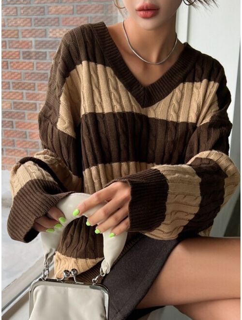 DAZY Color Block Drop Shoulder Cable Knit Sweater