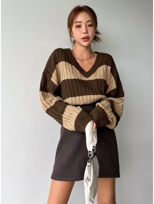 DAZY Color Block Drop Shoulder Cable Knit Sweater