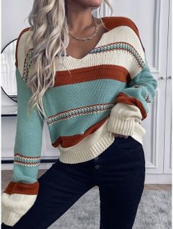 V Neck Striped Pattern Sweater