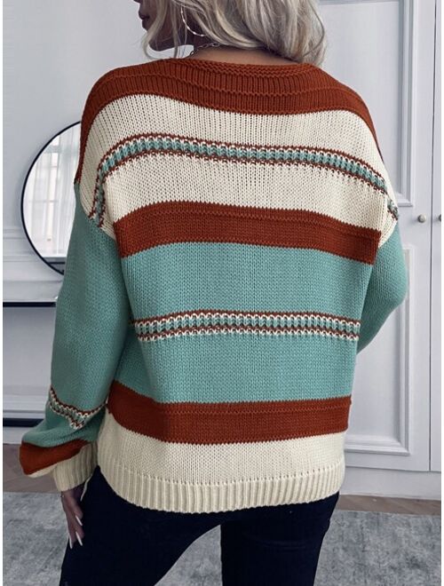 Shein V Neck Striped Pattern Sweater