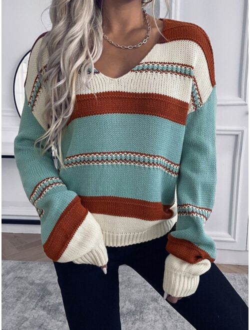 Shein V Neck Striped Pattern Sweater