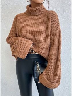 Turtleneck Drop Shoulder Waffle Knit Sweater