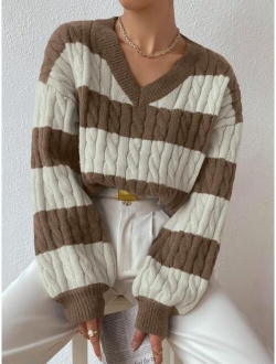 Two Tone Cable Knit Drop Shoulder Sweater