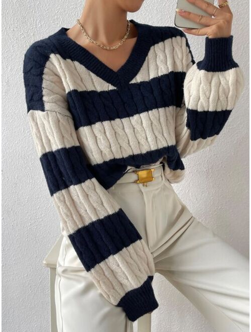Shein Two Tone Cable Knit Drop Shoulder Sweater