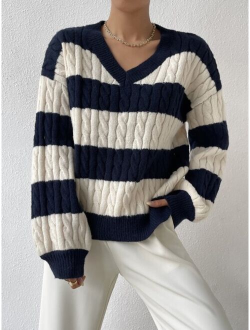 Shein Two Tone Cable Knit Drop Shoulder Sweater