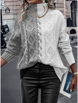 Two Tone High Neck Drop Shoulder Cable Knit Sweater