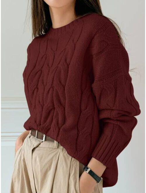DAZY Solid Cable Knit Drop Shoulder Sweater