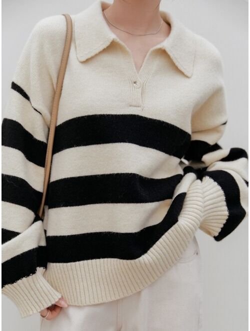 Dazy Less Color Block Polo Neck Drop Shoulder Sweater