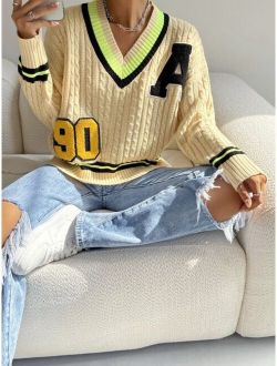 X The Future X Letter Patched Striped Trim Cable Knit Cricket Sweater