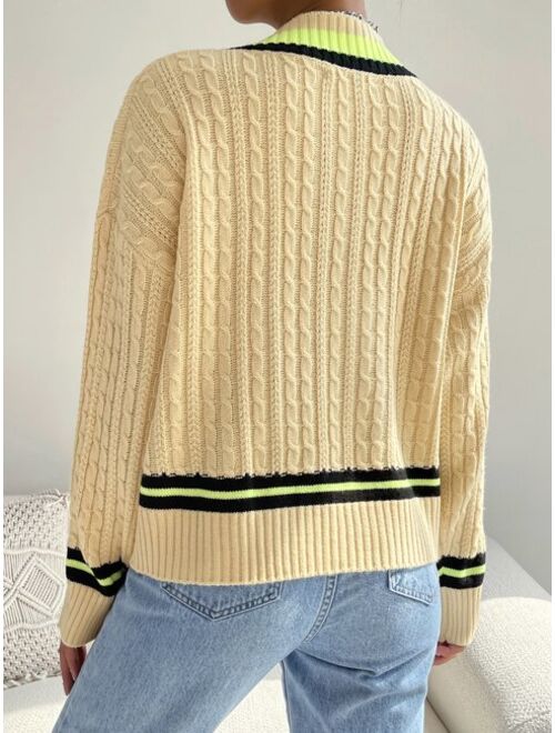 SHEIN X The Future X Letter Patched Striped Trim Cable Knit Cricket Sweater