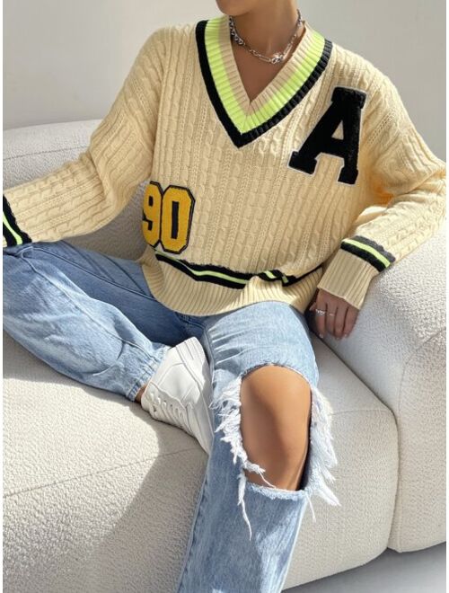 SHEIN X The Future X Letter Patched Striped Trim Cable Knit Cricket Sweater