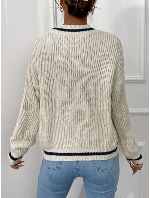 Shein Striped Trim Drop Shoulder Cricket Sweater