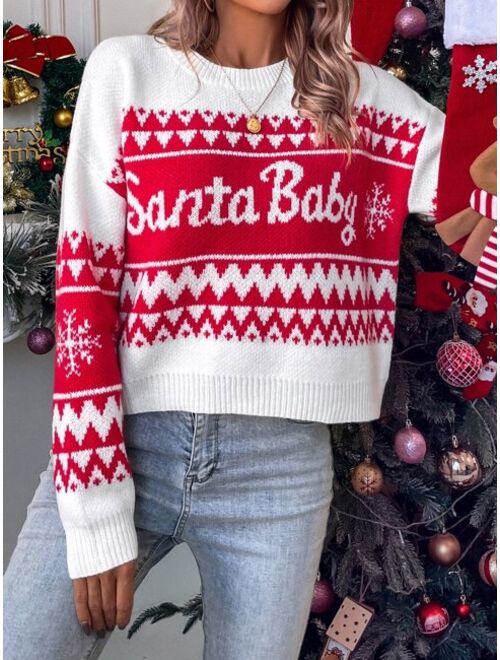 Shein Christmas Pattern Drop Shoulder Sweater