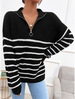 Striped Drop Shoulder Zipper Front Sweater
