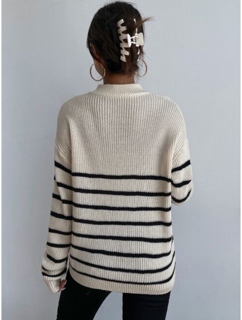 Shein Striped Drop Shoulder Zipper Front Sweater