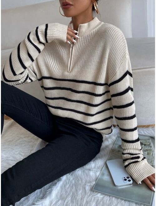 Shein Striped Drop Shoulder Zipper Front Sweater