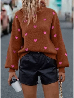 Heart Pattern Mock Neck Drop Shoulder Sweater