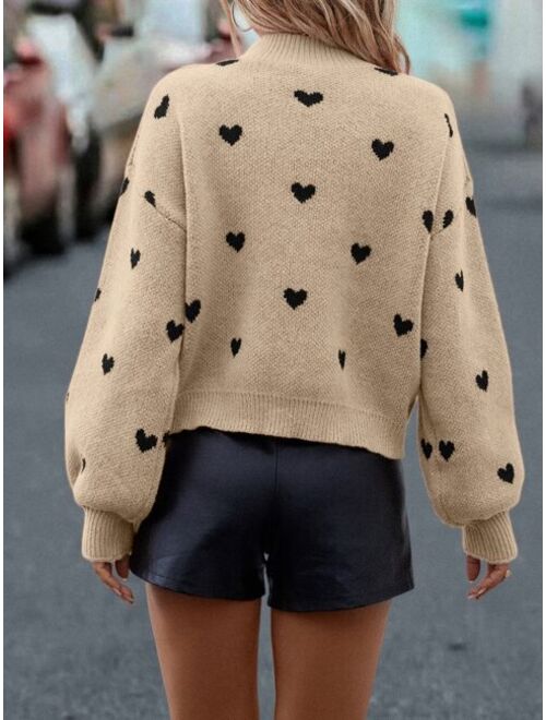 Shein Heart Pattern Mock Neck Drop Shoulder Sweater