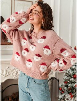 Simplee Drop Shoulder Santa Claus Pattern Sweater