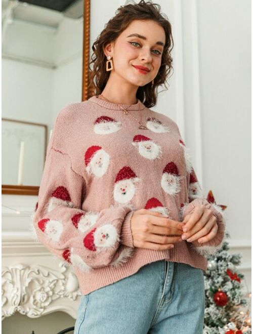 Shein Simplee Drop Shoulder Santa Claus Pattern Sweater