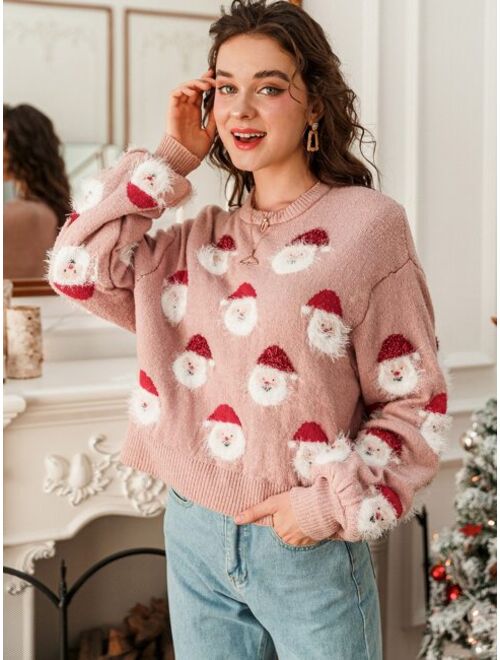 Shein Simplee Drop Shoulder Santa Claus Pattern Sweater