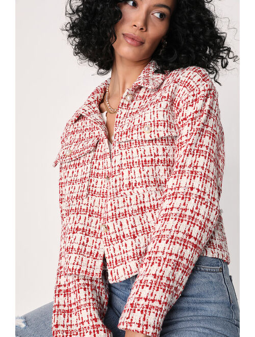 Lulus Prep Talk Red & White Pearl Button Tweed Shacket