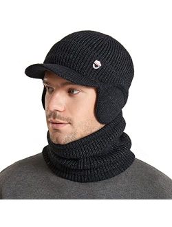 Muryobao Mens Winter Visor Beanie Hat Scarf Set Warm Knit Earflaps Fleece Lined Winter Outdoor Cap with Neck Warmer