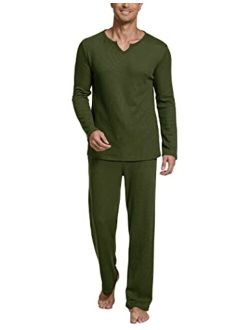 Men's Pj Sets Long Sleeve Pajamas Set Sleepwear 2 Piece V Neck Pajama Loungewear Sets Soft S-XXL