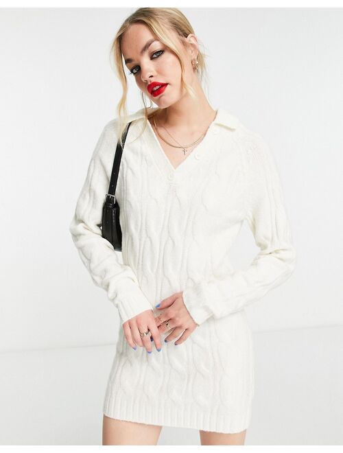 ASOS DESIGN knitted mini sweater dress with open collar in cable in cream