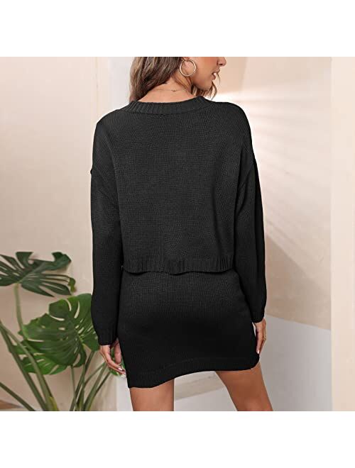 Generic Sweater Two Piece Outfits for Women Casual Sexy Long Sleeve V Neck Button Down Cardigan and High Waisted Bodycon Skirts Sets