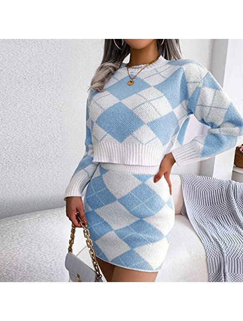 Generic Fall Sweater 2 Piece Outfits for Women,Casual Sexy Long Sleeve Crew Neck Crop Tops and High Waist Bodycon Mini Skirts Sets