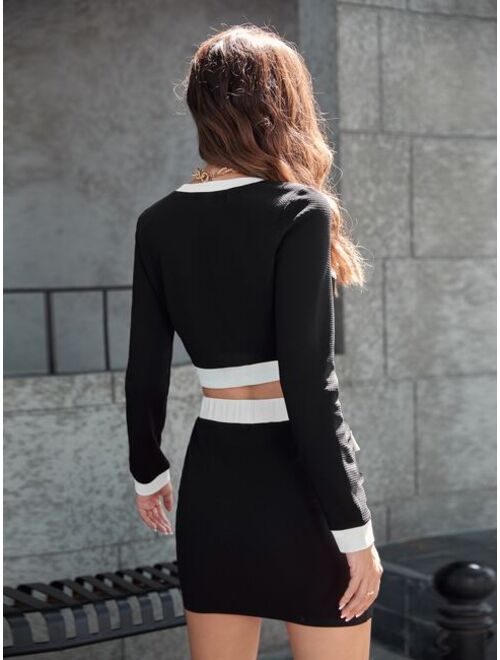 Shein Felegant Contrast Trim Flap Detail Jacket & Bodycon Skirt