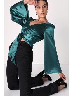 Every Excuse Emerald Green Satin Tie-Front Bell Sleeve Top