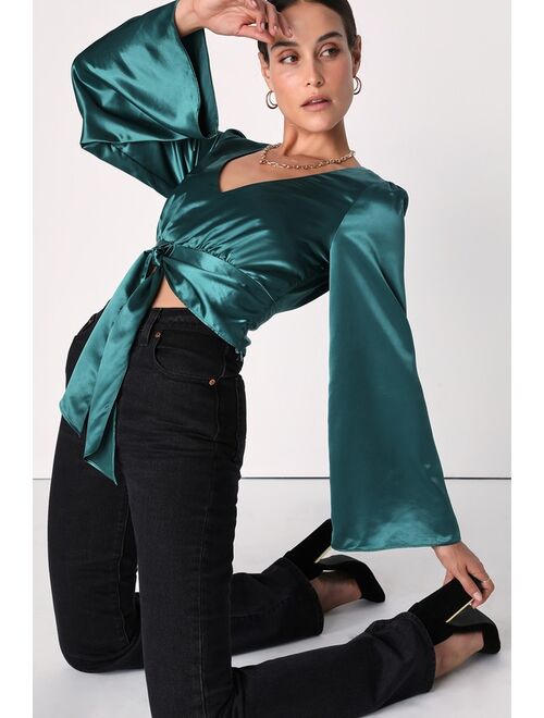 Lulus Every Excuse Emerald Green Satin Tie-Front Bell Sleeve Top