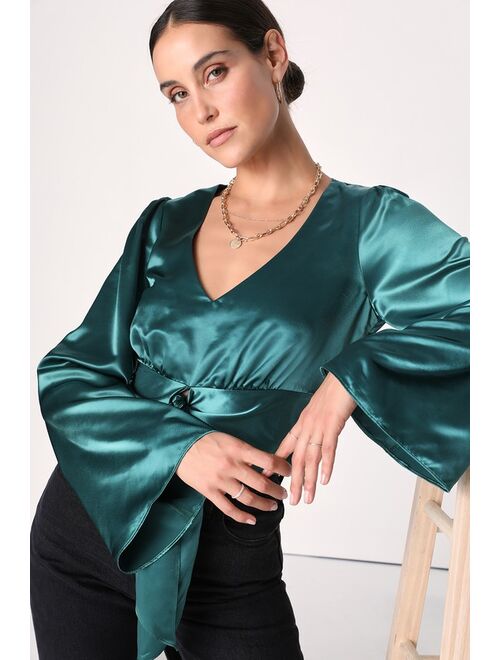 Lulus Every Excuse Emerald Green Satin Tie-Front Bell Sleeve Top